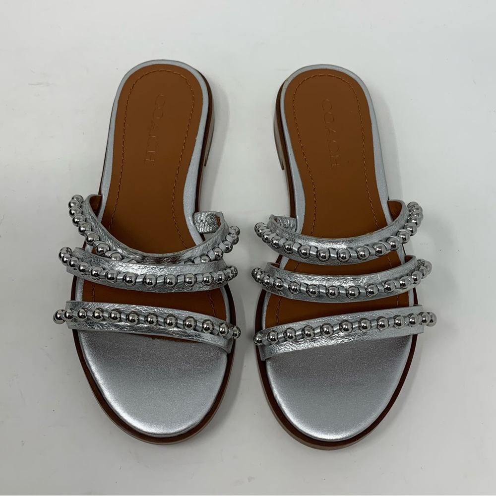 Coach NWT Isa Studded Leather Slide Silver Sandal Size 5 - Picture 3 of 10